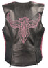 Ladies Snap Front Vest w/ Phoenix Studding and Embroidery Pink - HighwayLeather