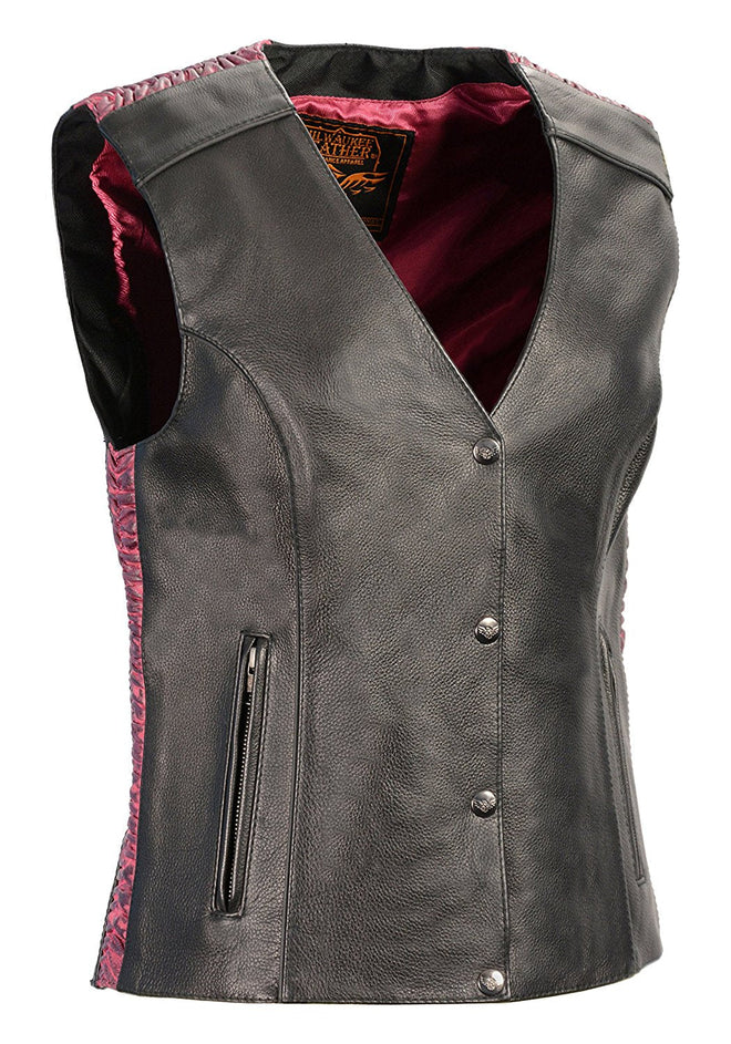 Pink Ladies Snap Front Vest by HighwayLeather featuring Phoenix studding and embroidery, showcasing detailed design and craftsmanship.