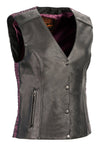 Women’s vest by HighwayLeather with purple embroidery on the back, featuring a stylish and fitted design.