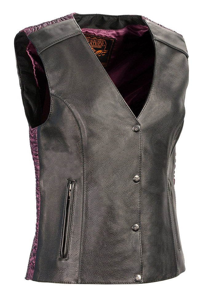 Women’s vest by HighwayLeather with purple embroidery on the back, featuring a stylish and fitted design.