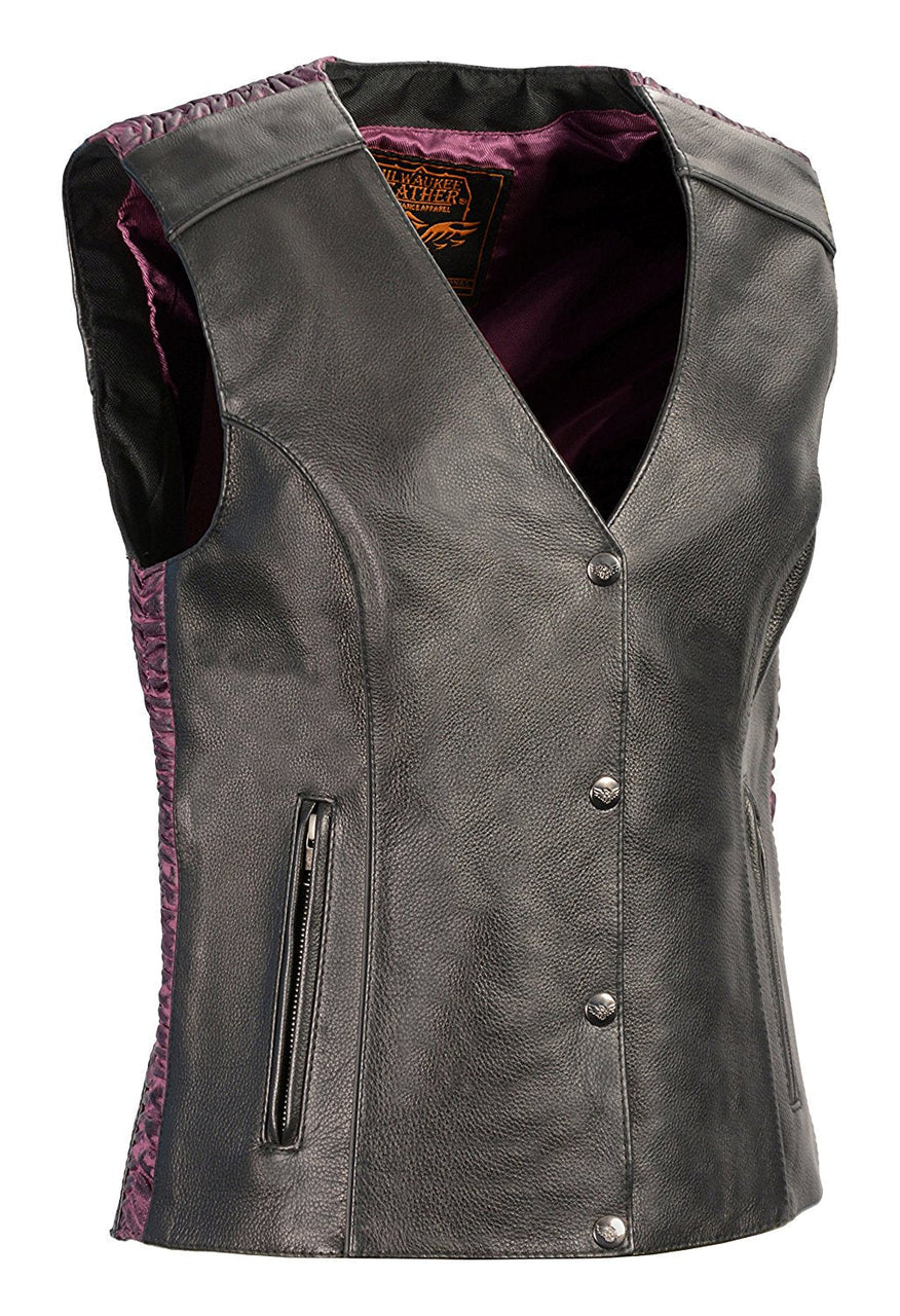 Ladies Vest with Purple Embroidery on back - HighwayLeather