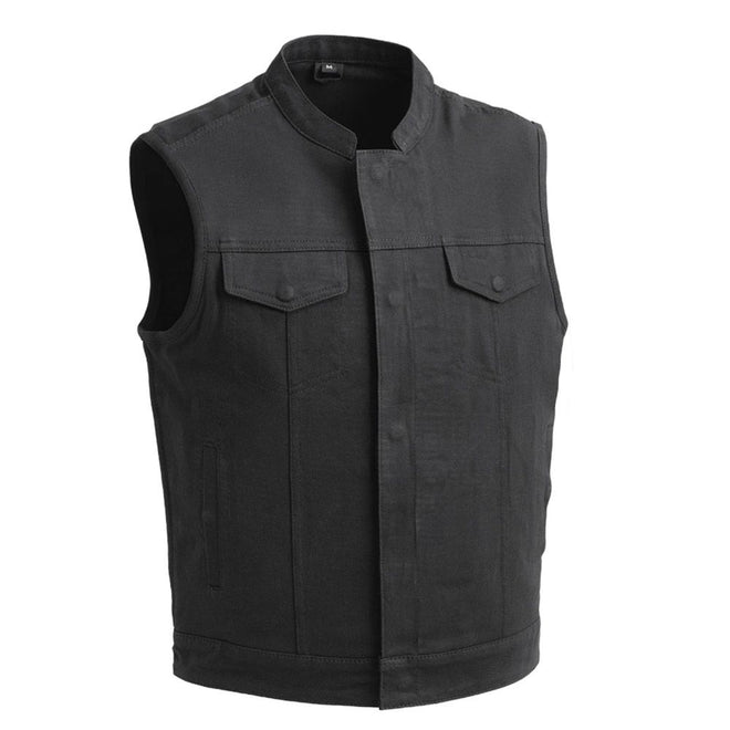 Men's black twill motorcycle vest by FIRST MFG with a rugged design and multiple pockets, suitable for riding and casual wear.
