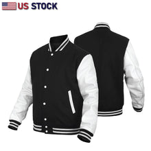Leather Varsity Jacket Letterman Jacket Baseball Jacket Banded Collar 2802BLK/WHT - HighwayLeather