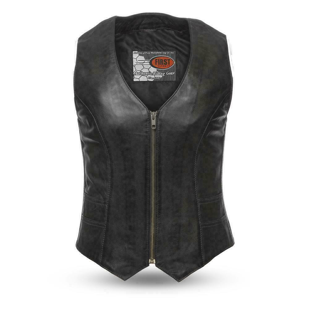 Ladies motorcycle leather vest in western style with V-neck, made by HighwayLeather, featuring black leather and detailed stitching.