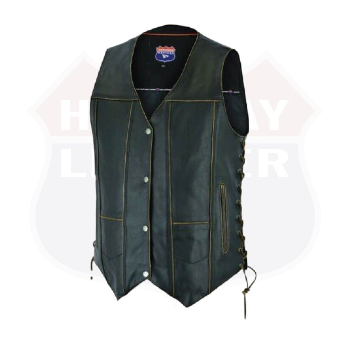 Buffalo Leather Gear men's antique brown leather vest with seven pockets, real cowhide, biker style, featuring durable construction.
