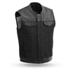 Men's biker denim club style vest by FIRST MFG featuring a 49/51 leather and denim combo with metal studs and classic design.