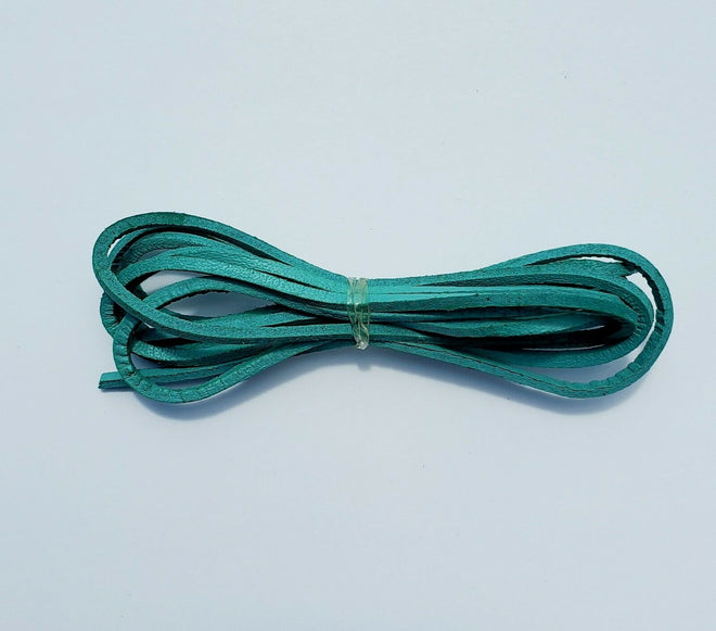Buffalo Leather Gear teal genuine leather lace strip, 64 inches long, used for braiding, cord, or lacing projects.