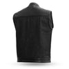 Men's biker denim club style vest by FIRST MFG, featuring a 49/51 leather and denim combo with front pockets and rugged design.