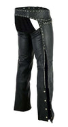Buffalo Leather Gear women's hip hugger leather chaps with studded detailing, showcasing a stylish and fitted design.