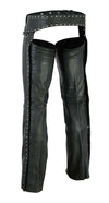 Buffalo Leather Gear women's hip hugger leather chaps with studded detailing, showcasing a stylish and edgy chaps design.