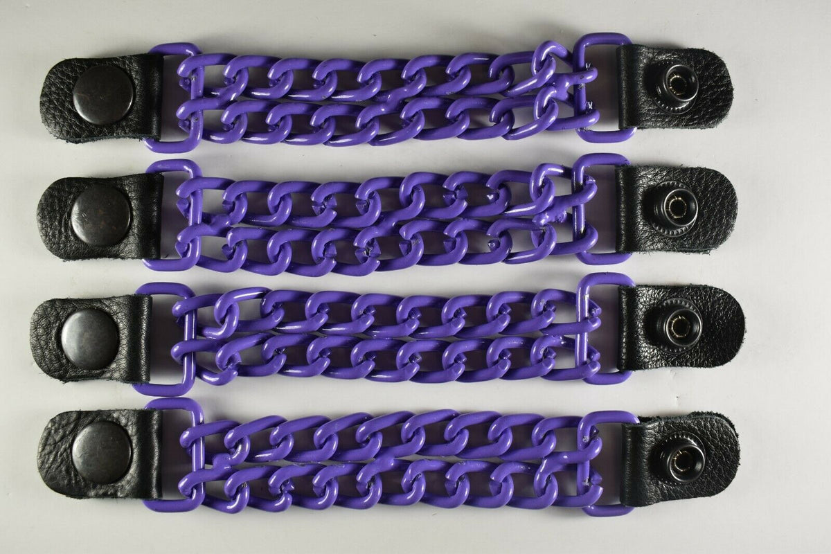 Purple Buffalo Leather Gear motorcycle vest extender with snap-on chain for bikers, adding length to leather vest.