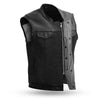 Men's biker denim vest by FIRST MFG featuring a 49/51 leather and denim combo, with a rugged club style design.
