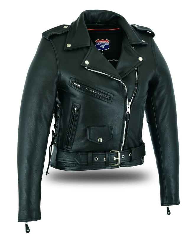 Women's full-length motorcycle jacket with side lace detail by HighwayLeather, featuring a sleek, stylish design and durable material.