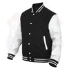 Buffalo Leather Gear men's black and white leather varsity letterman baseball jacket with banded collar.
