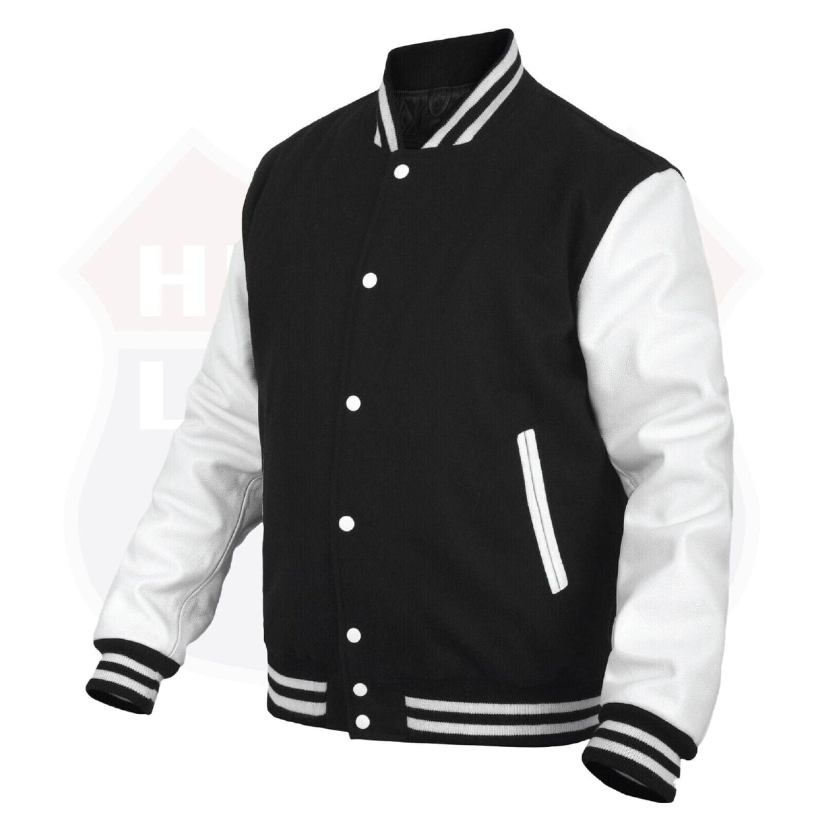 Buffalo Leather Gear men's black and white leather varsity letterman baseball jacket with banded collar.