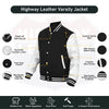 Buffalo Leather Gear men's black and white varsity baseball jacket with banded collar and leather accents.