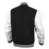 Buffalo Leather Gear men's varsity leather jacket with banded collar, black and white color, classic baseball style.
