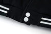 Buffalo Leather Gear men's varsity leather letterman jacket with banded collar, black and white color, classic baseball style.