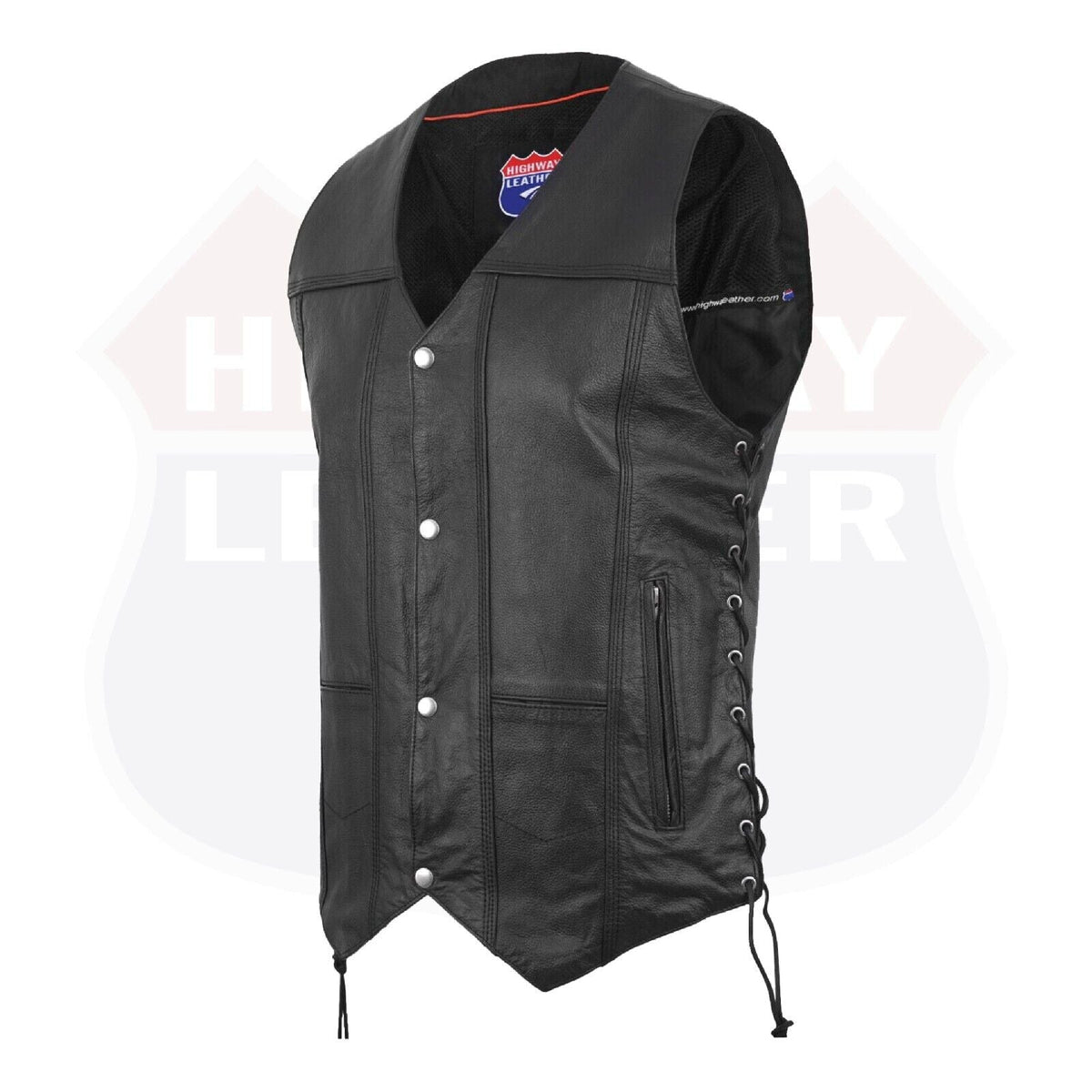 Buffalo Leather Gear men's black leather motorcycle vest, featuring a rugged biker style and ANARCHY design.