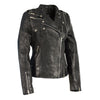 Black woman's double zipper asymmetrical moto jacket by HighwayLeather, featuring stylish zip details and a modern fitted design.