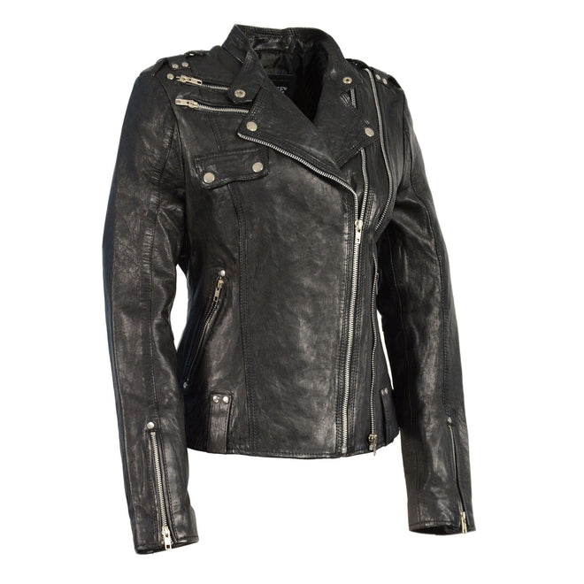 Black woman's double zipper asymmetrical moto jacket by HighwayLeather, featuring stylish zip details and a modern fitted design.