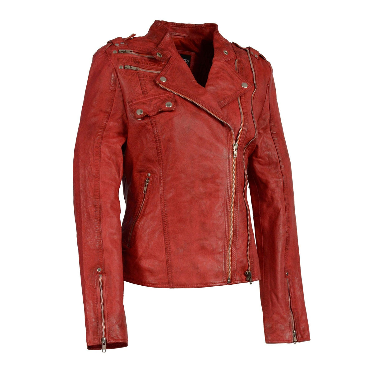 Red woman's double zipper asymmetrical moto jacket by HighwayLeather, featuring stylish zipper details and a modern design.