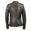 Black women's zip front scuba jacket with side stretch fitting by HighwayLeather, showing a sleek, fitted design and zip closure.