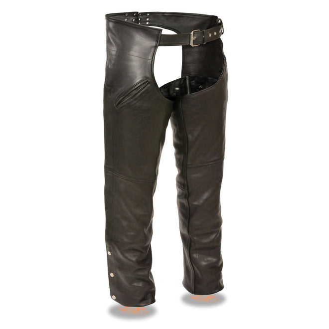 Men's HighwayLeather Slash Pocket Chaps with snap-out liner, featuring durable leather and functional pockets for riding comfort.