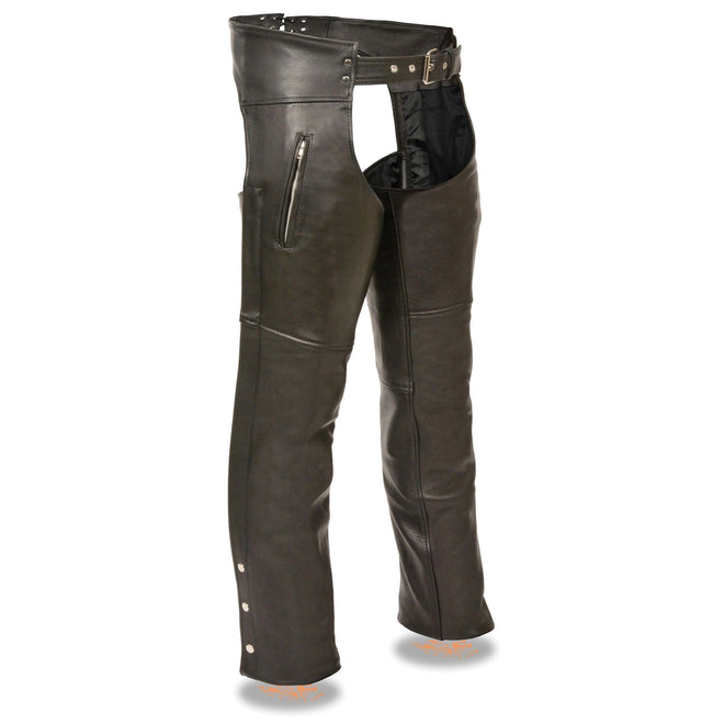 Men's HighwayLeather chaps with zippered thigh pockets, durable leather riding chaps for motorcycle or riding gear.