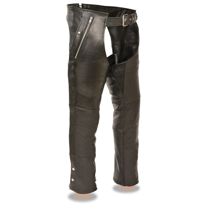 Men's lined four-pocket hip chaps by HighwayLeather, featuring durable chaps design with multiple pockets for riding gear.