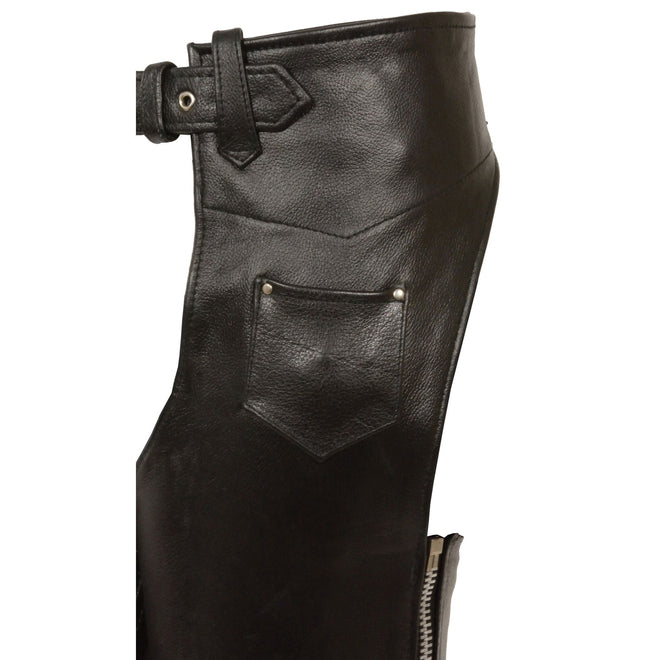Kid's Classic Motorcycle Chaps by HighwayLeather, featuring durable leather and pocket details for young riders.