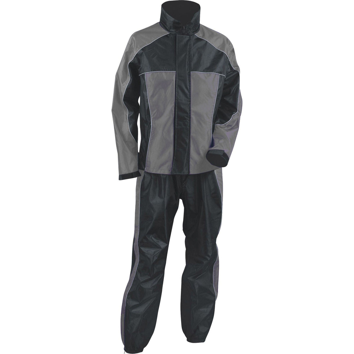 Milwaukee Leather grey and black ladies rain suit with reflective piping, waterproof material, and full coverage for wet weather.