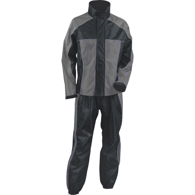 Milwaukee Leather grey and black ladies rain suit with reflective piping, waterproof material, and full coverage for wet weather.