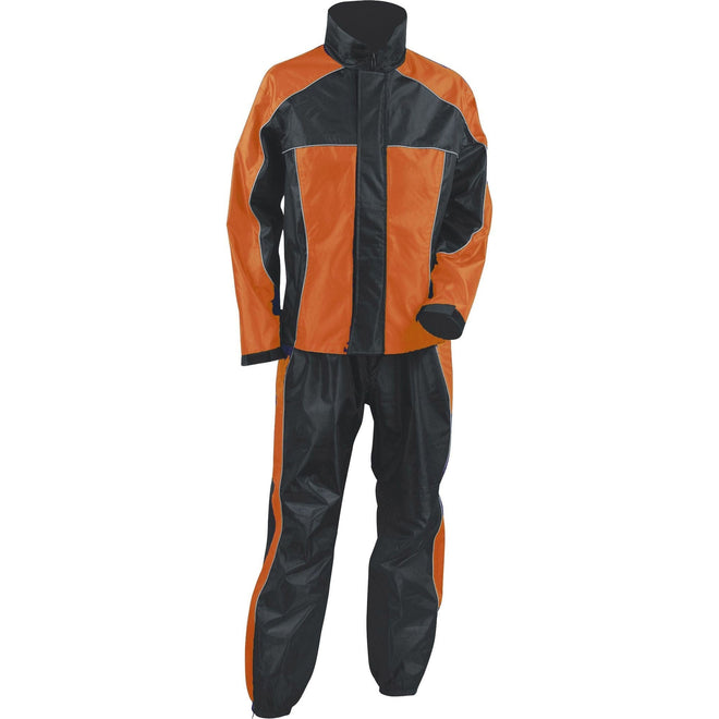 Milwaukee Leather ladies orange and black waterproof rain suit with reflective piping, designed for rain protection and visibility.