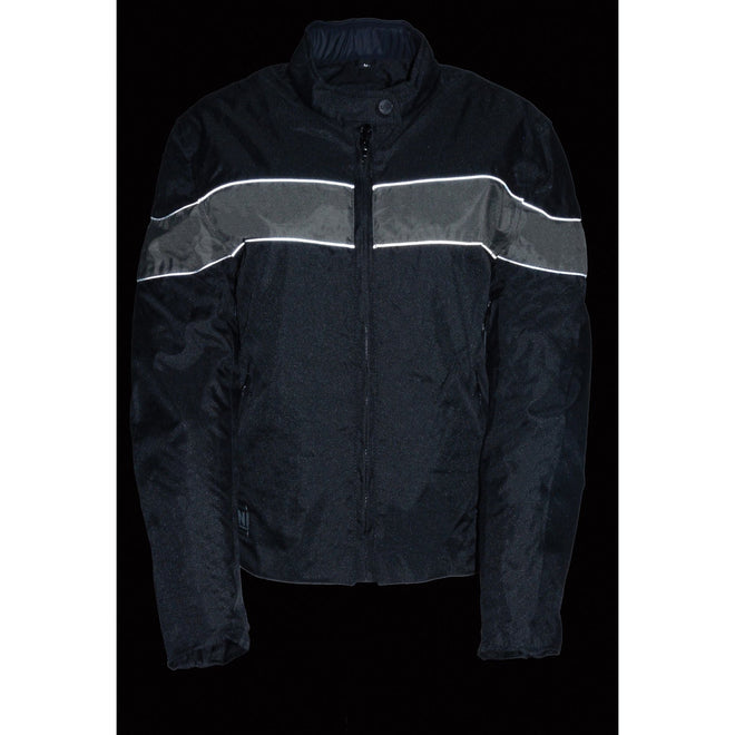 Women’s black lightweight textile jacket from HighwayLeather with stretch fabric and reflective piping details.
