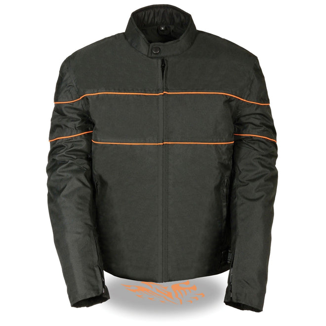 Men's HighwayLeather scooter style textile jacket with orange stripes, featuring a modern design and durable fabric.