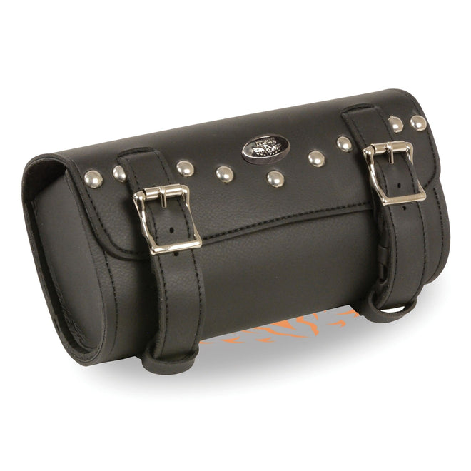 HighwayLeather double buckle studded PVC tool bag with quick release, thigh-mounted, compact 10x4.5x3.25-inch clip/fan bag design