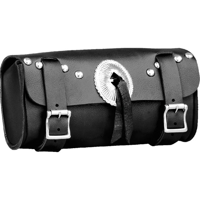 HighwayLeather double buckle PVC tool bag with concho and quick release, designed for clip, thigh, fan, and bags, measuring 10x4.5x3.25 inches.