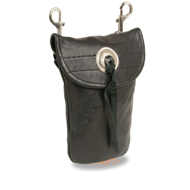HighwayLeather leather belt bag with concho and double clasps, featuring adjustable clip and thigh strap, 7.5x6 inches.