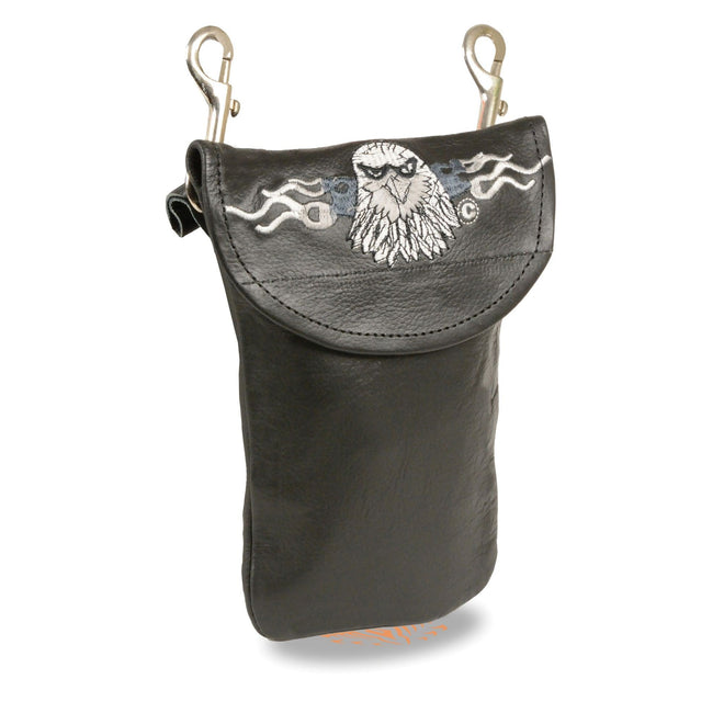 HighwayLeather leather belt bag with eagle head detail, double clasps, compact design, worn on the waist or thigh.