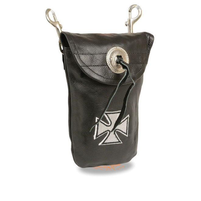 HighwayLeather leather belt bag with iron cross and double clasps, compact 7.5x6 inch clip/thigh fan bag showing detailed design