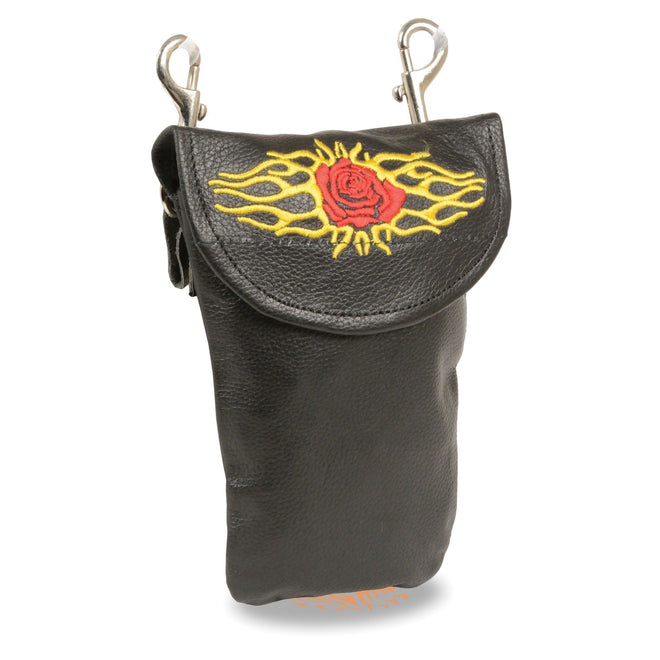 HighwayLeather leather belt bag with rose and flames design, double clasps, compact 7.5x6 inch clip/thigh/fan bag for accessories.