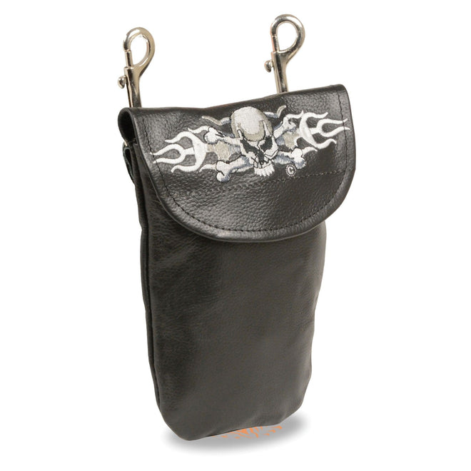 HighwayLeather leather belt bag featuring skull and flames design with double clasps, measuring 7.5x6 inches, clip/thigh/fan style.