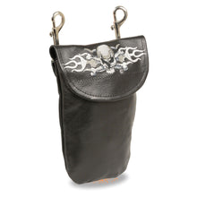 Leather Belt Bag w/ Skull & Flames & Double Clasps (7.5X6) - HighwayLeather