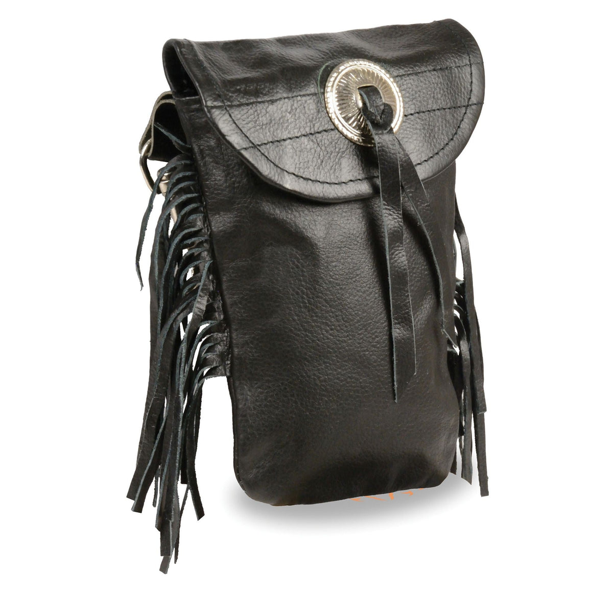HighwayLeather leather belt bag with fringe and double clasps, compact size 7.5x6 inches, worn as a clip, thigh, or fan bag.