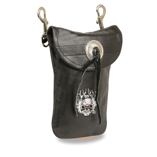 HighwayLeather leather belt bag with flaming skull design, double clasps, compact size 7.5x6 inches, clip/thigh/fan/bag style.