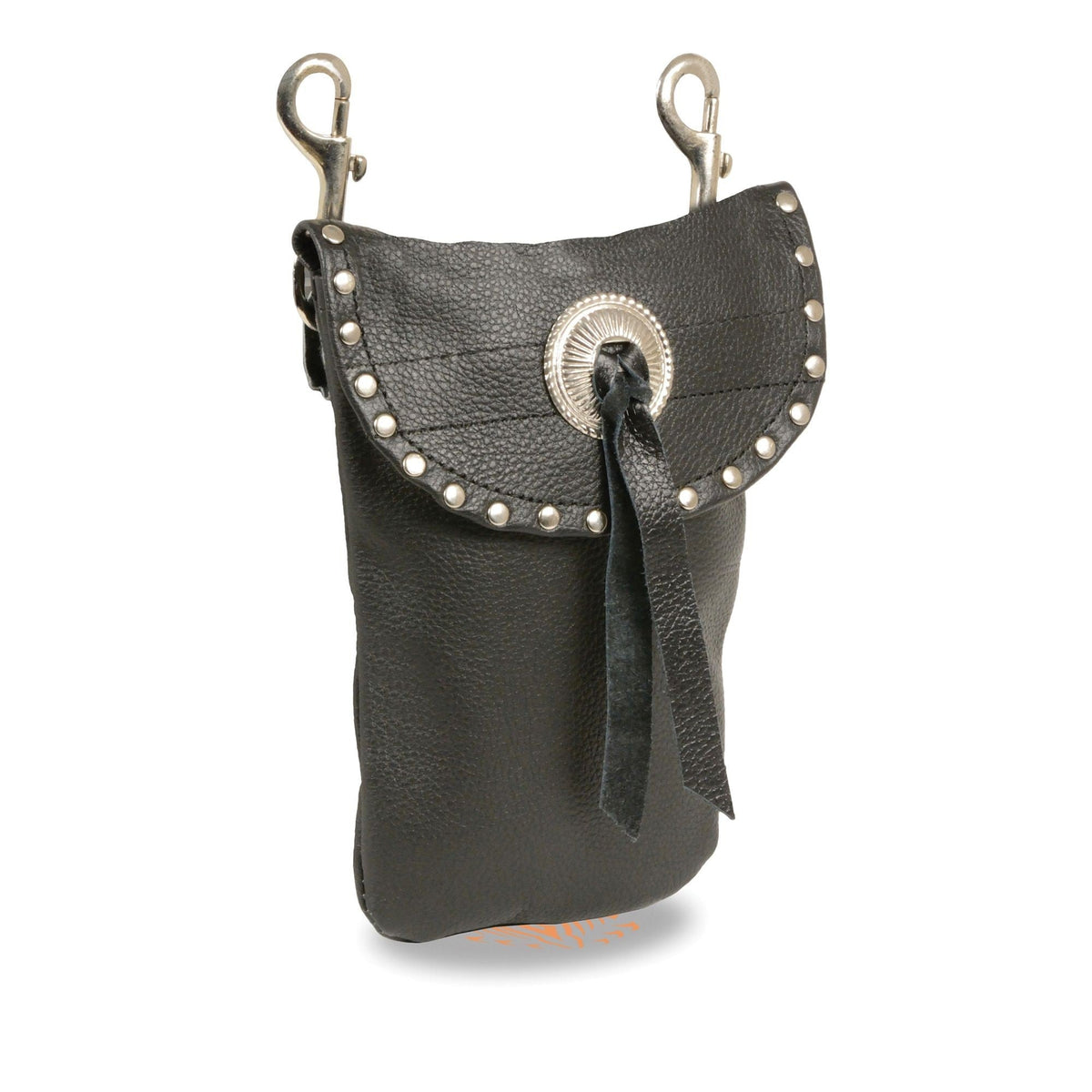 HighwayLeather leather belt bag with studded details and double clasps, worn as a clip or thigh bag, 7.5x6 inches.