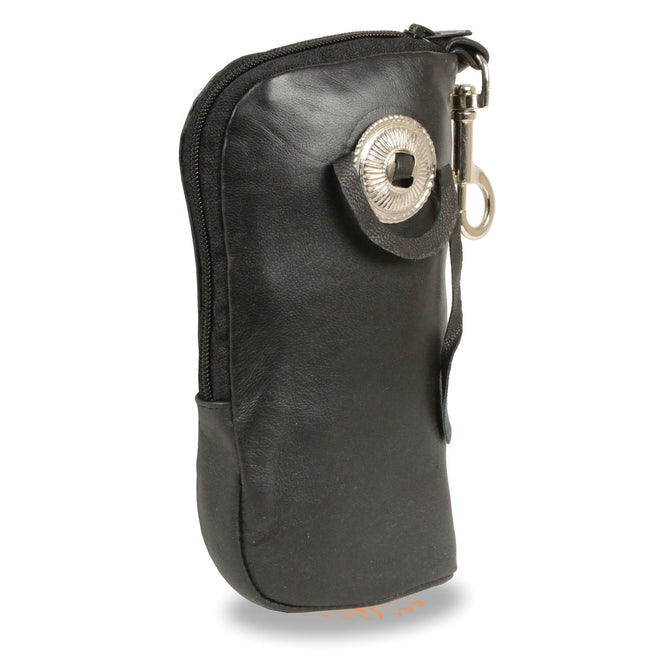 HighwayLeather leather zippered eyeglass case with concho and belt clasp, compact 7.5x6 inch clip/thigh/fan bag design.
