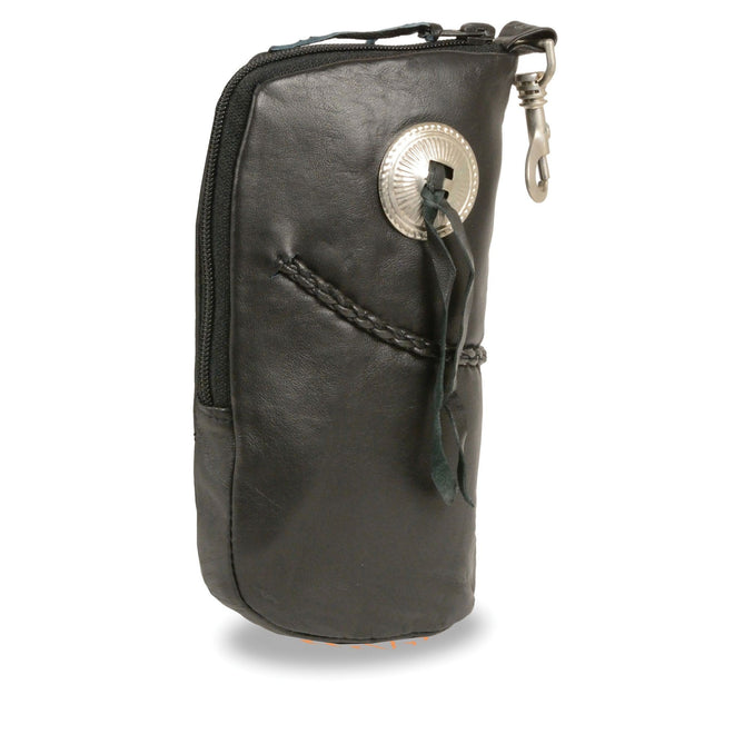 HighwayLeather leather zippered eyeglass case with braided design and belt clasp, measuring 7.5x6 inches, clip and thigh fan bag.