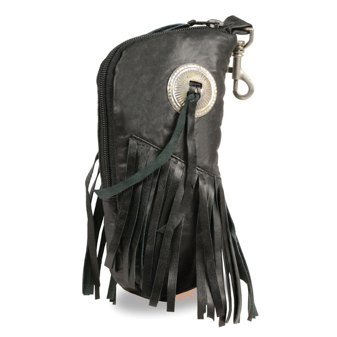 HighwayLeather leather zippered eye glass case with fringe and belt clasp, 7.5x6 inches, clip/thigh/fan bag accessory.